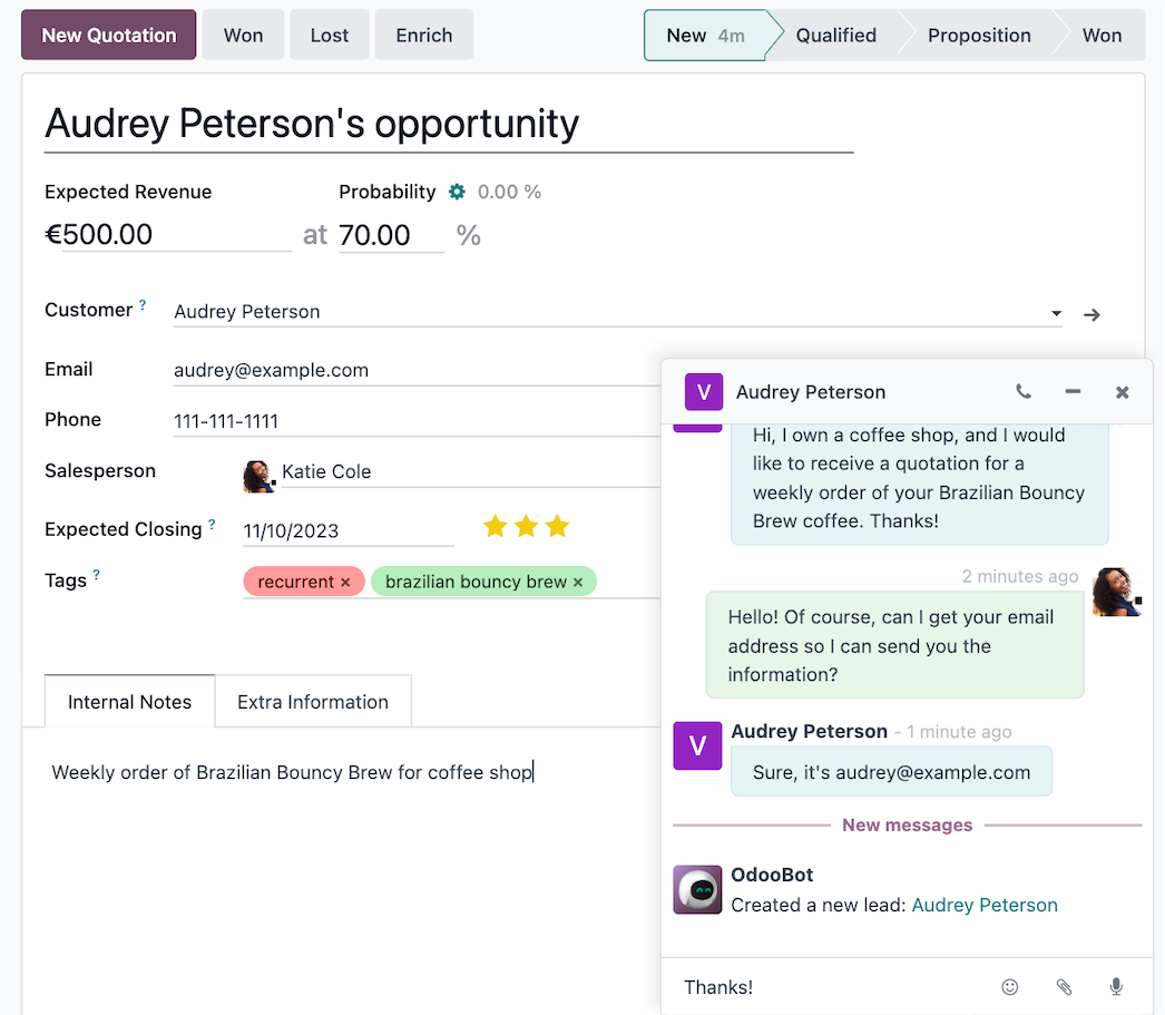 Can view contacs, conversation, and internal notes in Live Chat by Doodex.