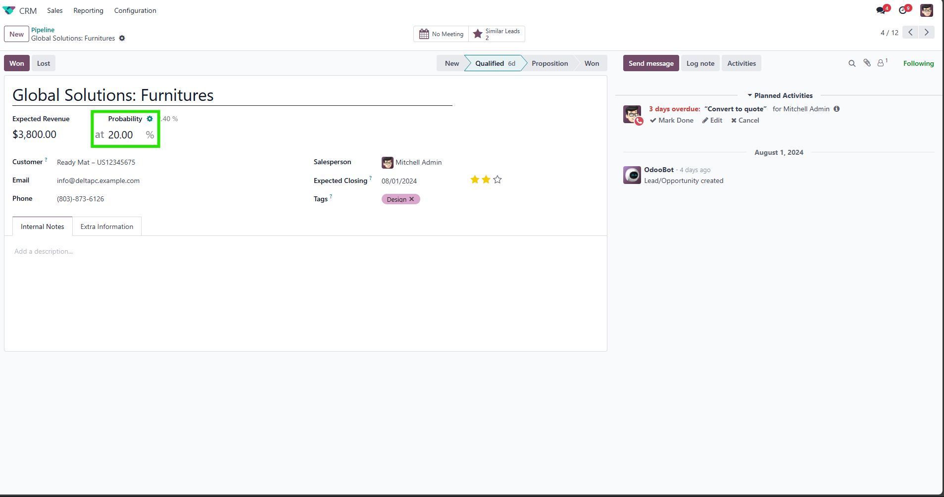 Odoo CRM opportunity showing deal probability and expected revenue Odoo CRM opportunity showing deal probability and expected revenue