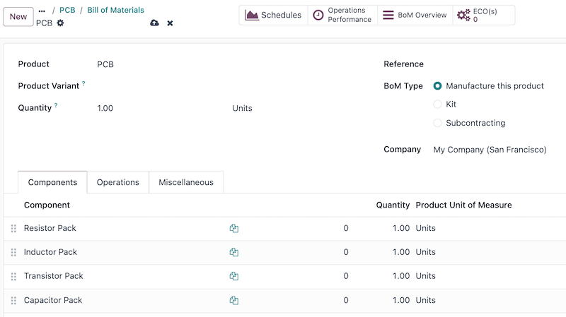 Odoo bill of materials configuration showing product components Odoo bill of materials configuration showing product components