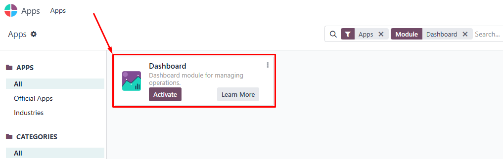 When the Dashboard app appears, click Activate