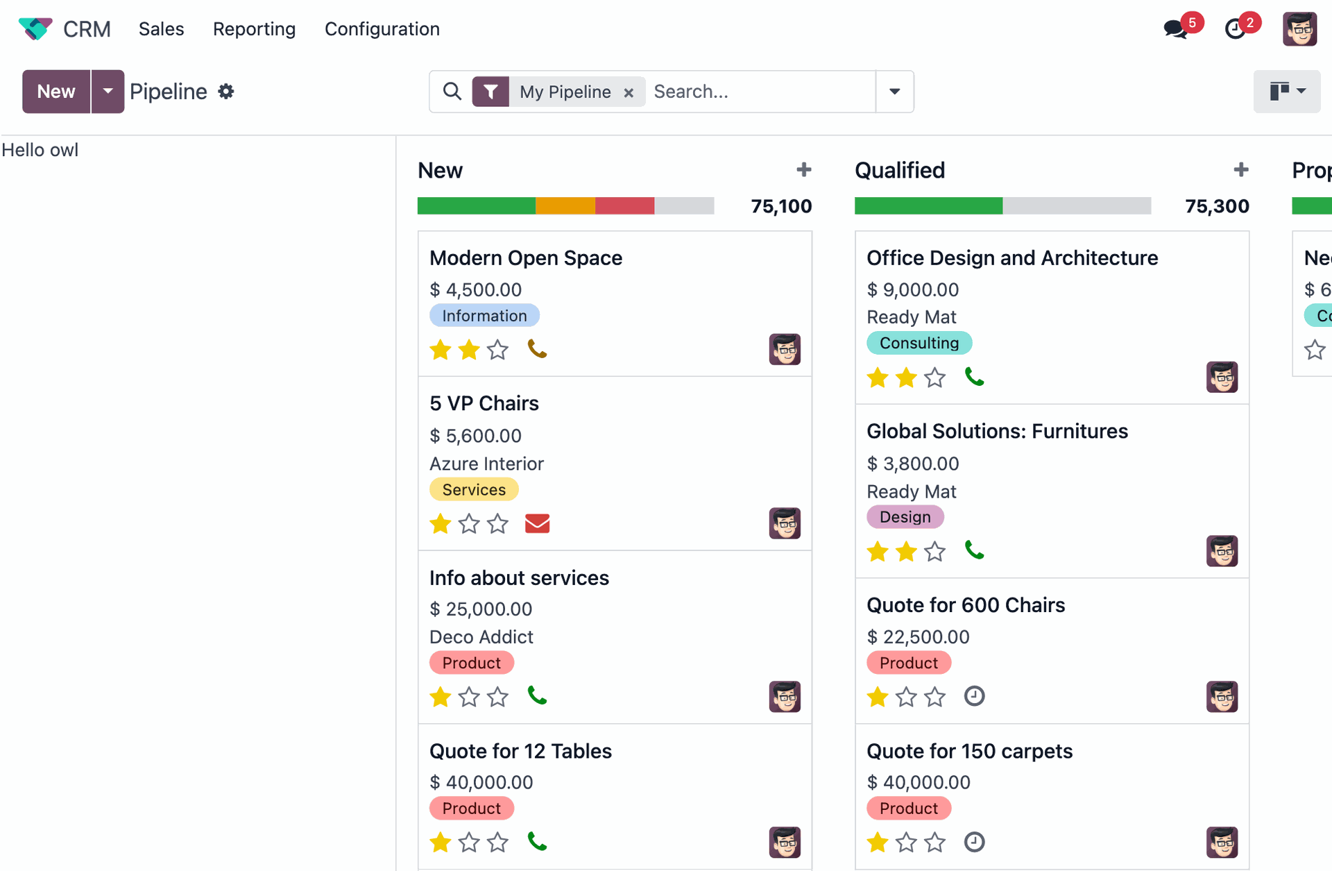 Odoo CRM kanban visualization board showing real-time sales pipeline stages and opportunities Odoo CRM kanban visualization board showing real-time sales pipeline stages and opportunities